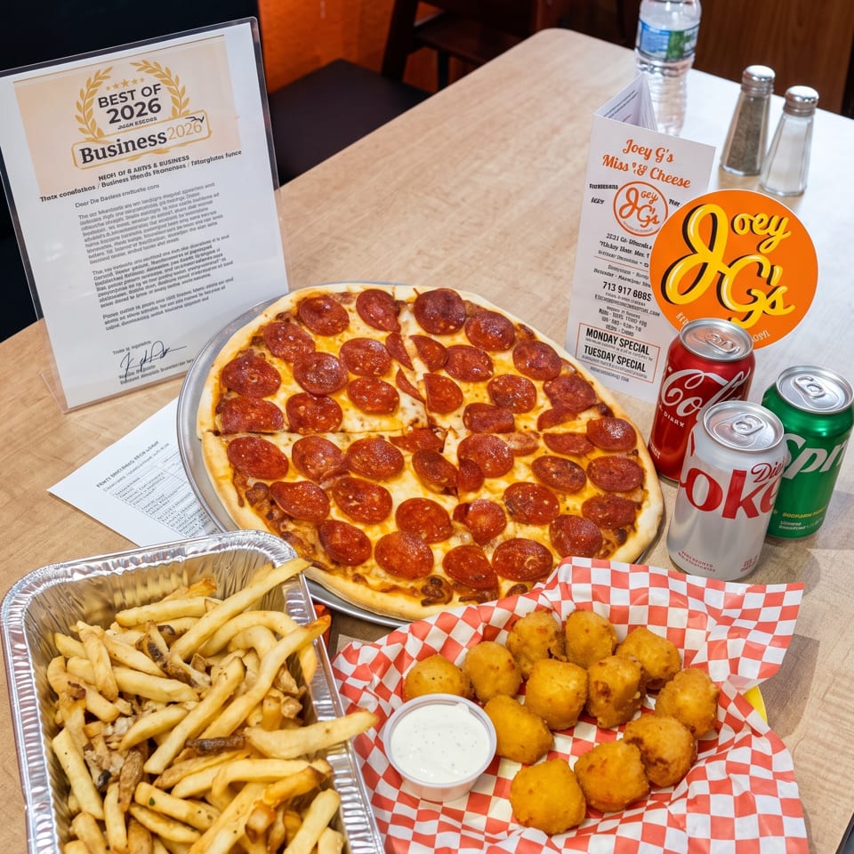 A pepperoni pizza, fries, cheese curds, and sodas on a table with a "Best of 2026" award.