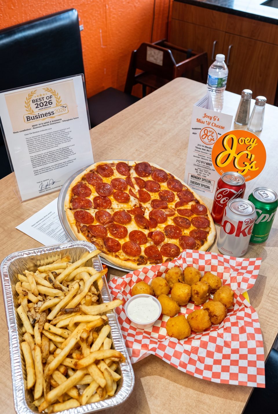A pepperoni pizza, fries, cheese curds, and sodas on a table with a "Best of 2026" award.