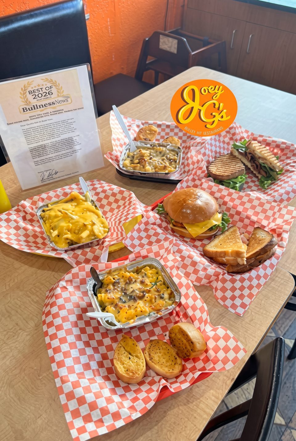 A table laden with various dishes from Joey G's, including mac and cheese, burgers, and sandwiches.