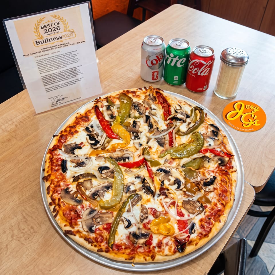 A Joey G's pizza with mushrooms, peppers, and onions, three soda cans, and a spice shaker on a wooden table.
