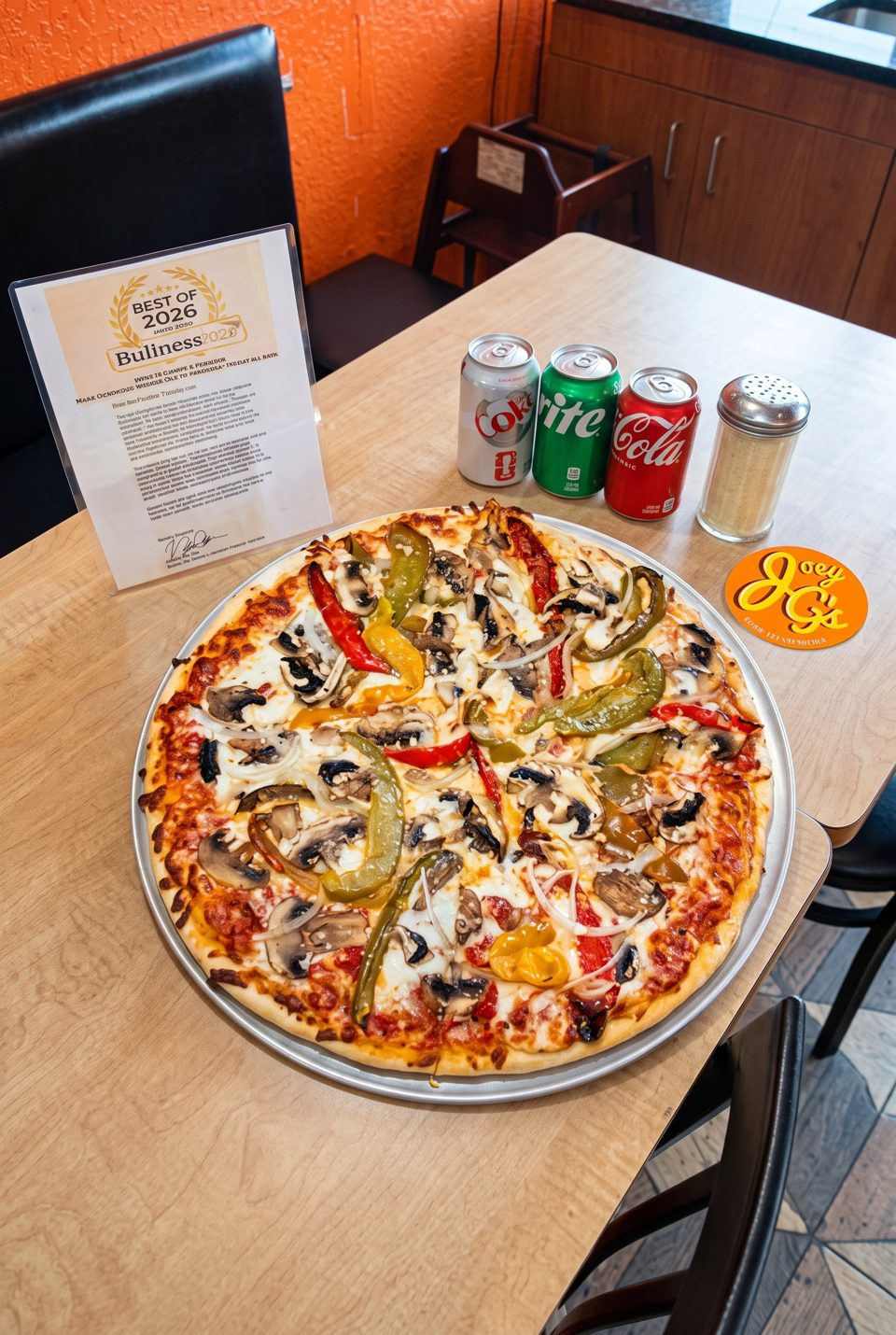 A Joey G's pizza with mushrooms, peppers, and onions, three soda cans, and a spice shaker on a wooden table.
