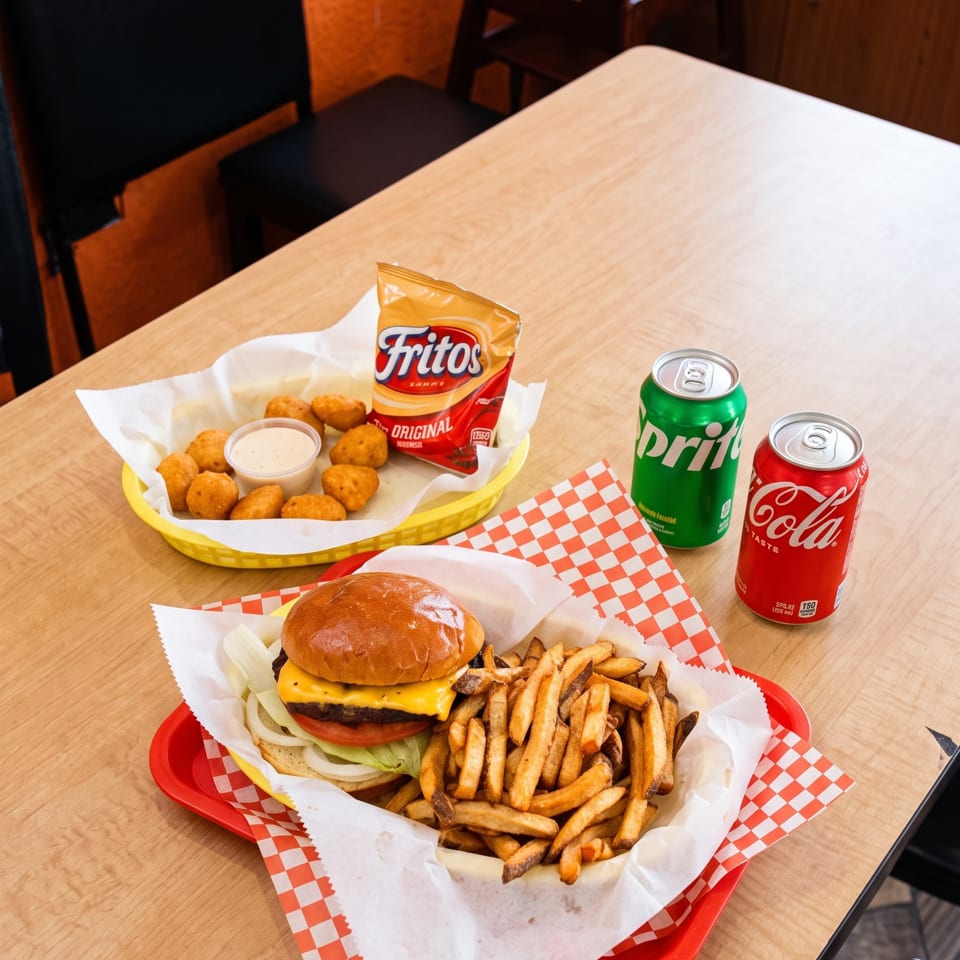 A burger and fries, chicken nuggets with Fritos, and two soda cans on a wooden table.